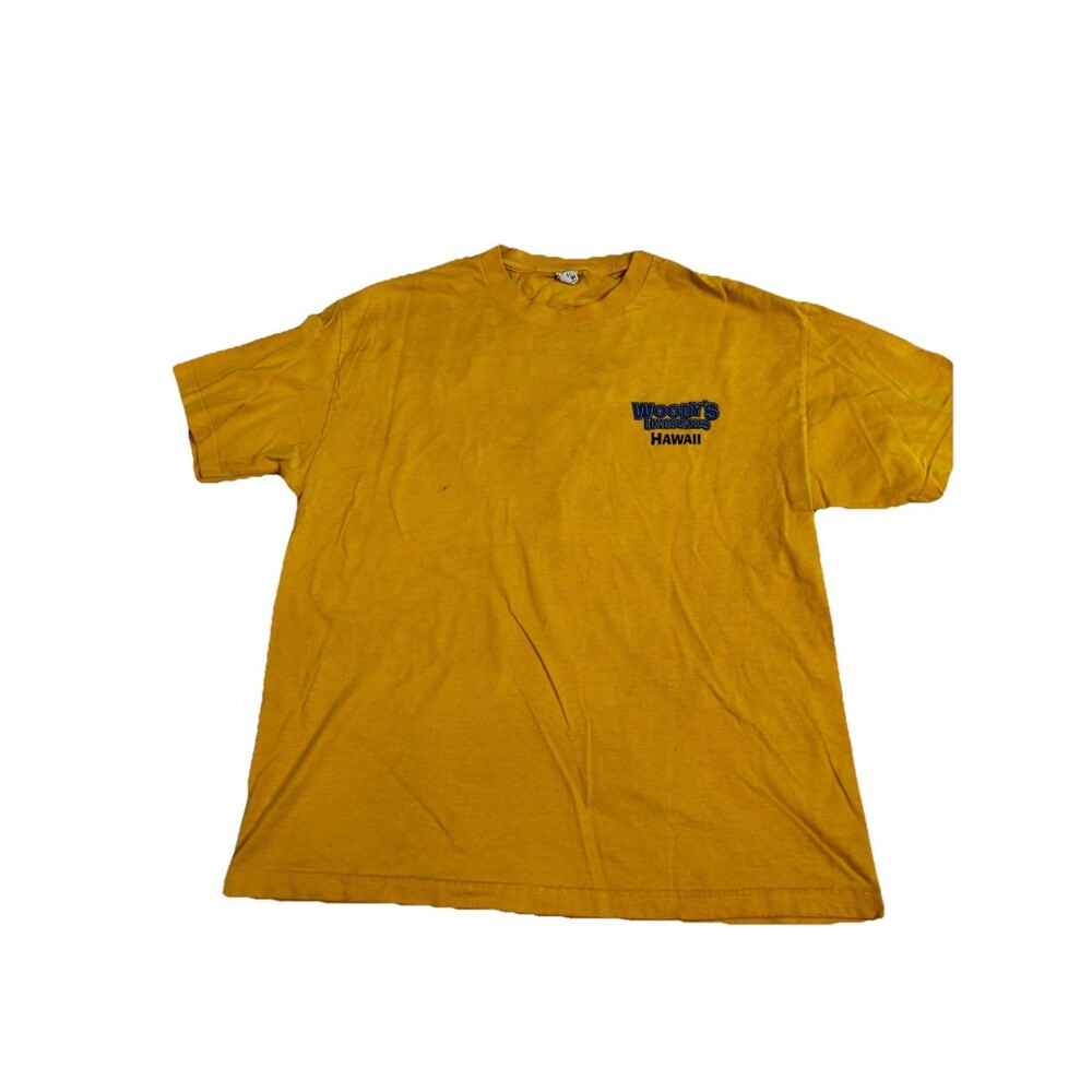 Vintage Woody’s Longboards Hawaii Yellow Surf Skate T Shirt XL Pinup Back